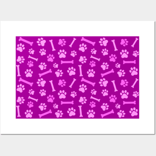 Pet - Cat or Dog Paw Footprint and Bone Pattern in Purple Tones Posters and Art